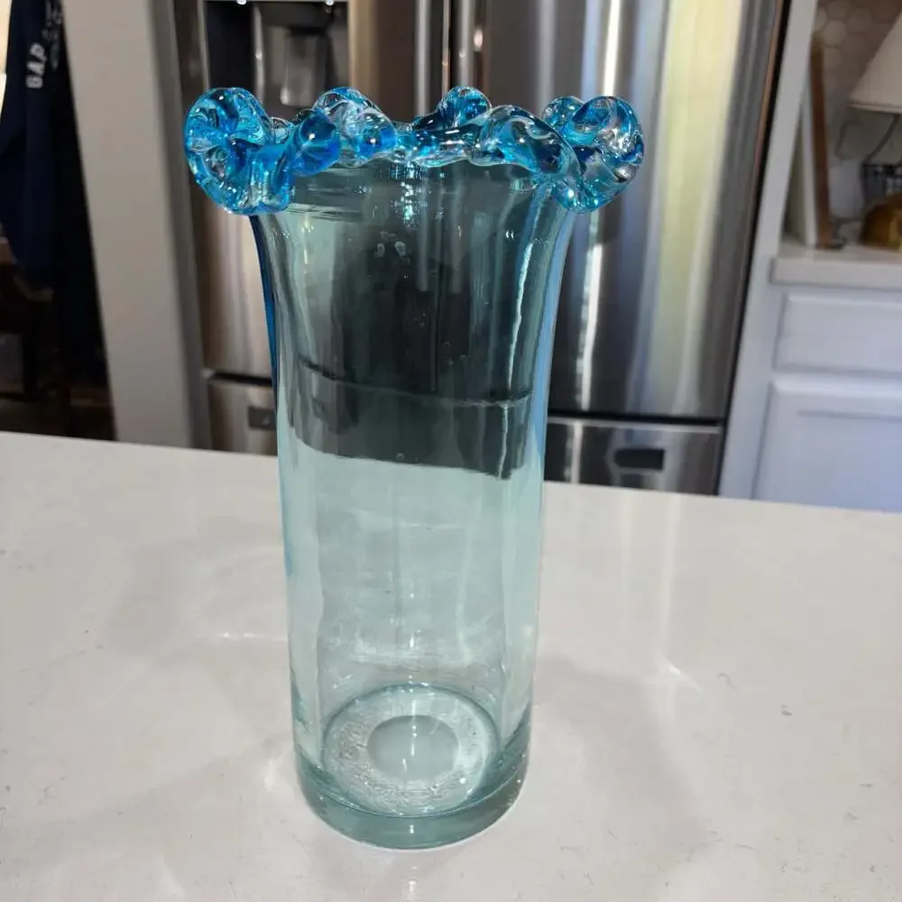 Vintage Hand Blown Ruffled Ocean Blue Crest Vase 12”